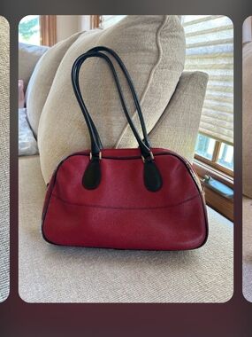 Classic Red Leather Shoulder Bag with Black Handles